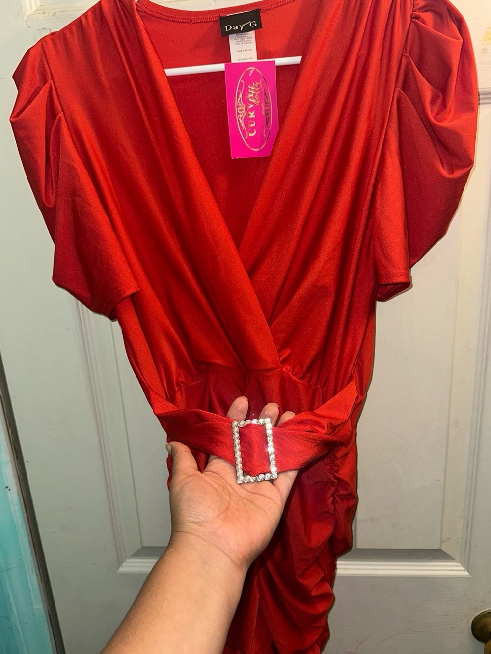 Red Satin Faux-Wrap Dress with Belt